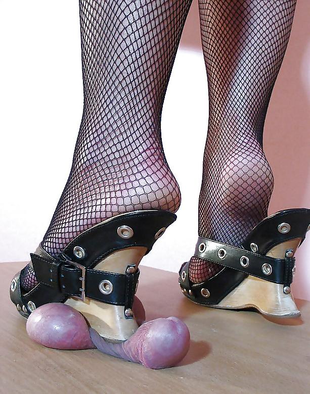 21P Ladies crushing cocks & balls with heels & bare feet