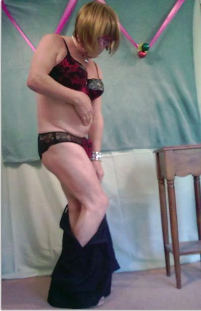 25P Crossdresser in rd and black bra and panties