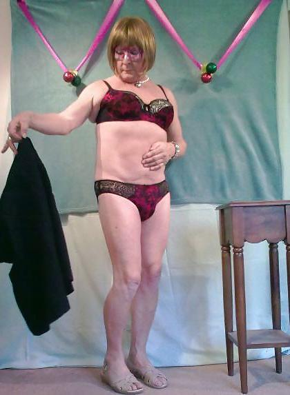 25P Crossdresser in rd and black bra and panties
