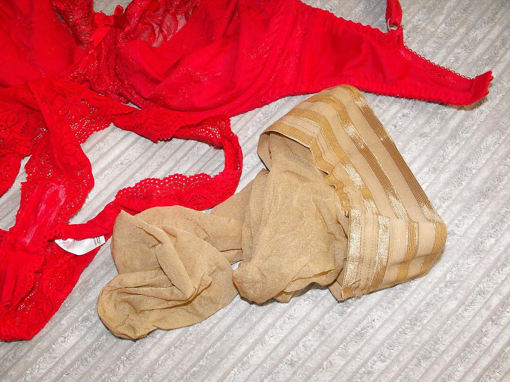 9P Em's worn bra,knickers & hold up stockings worn  23.03.14