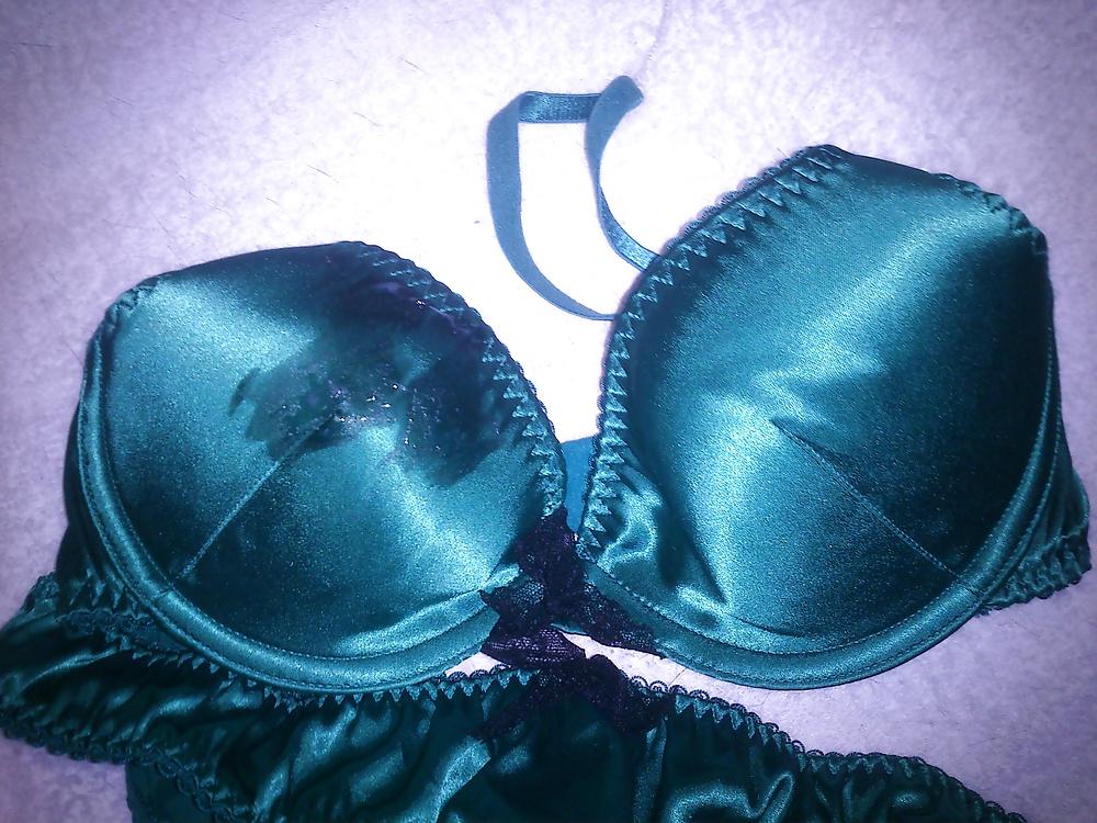7P Cummed green satin bra and panties
