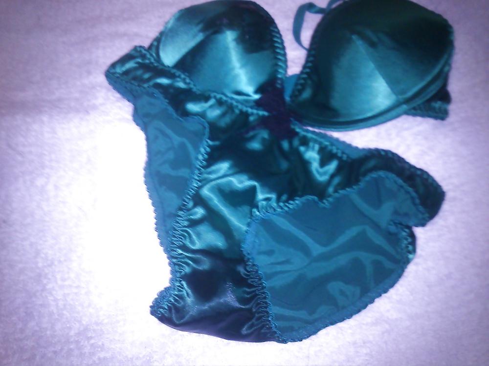 7P Cummed green satin bra and panties