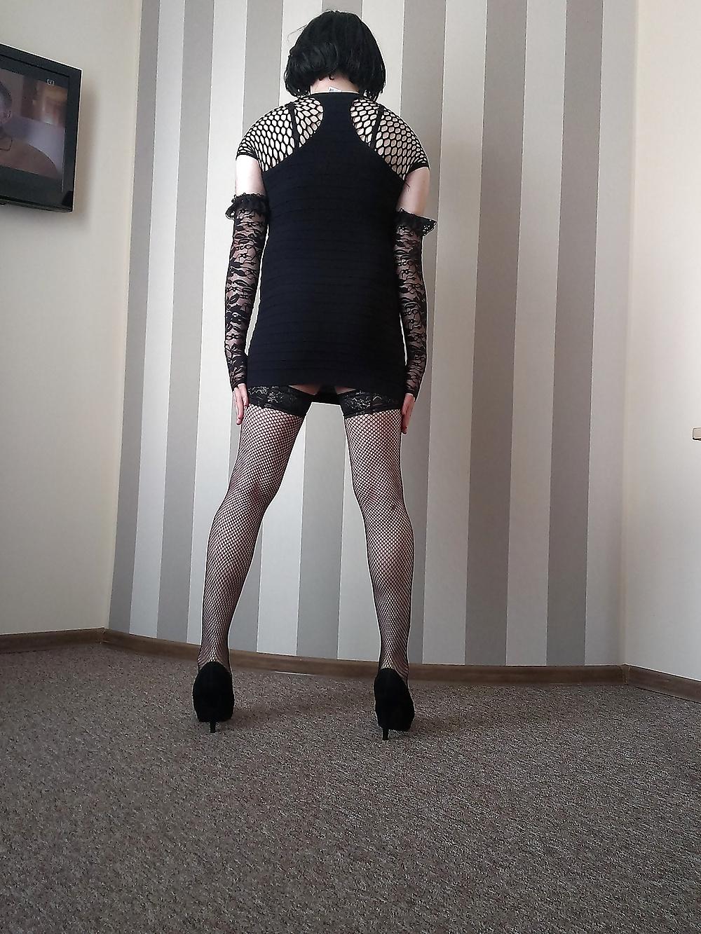 12P In a hotel room - black minidress, stockings and heels 