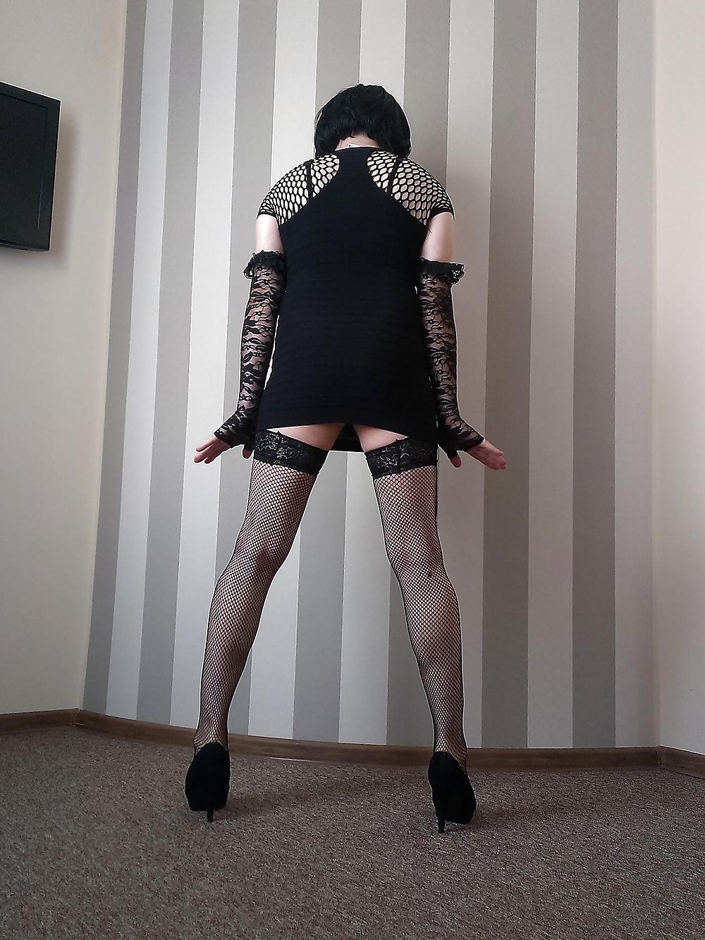 12P In a hotel room - black minidress, stockings and heels 