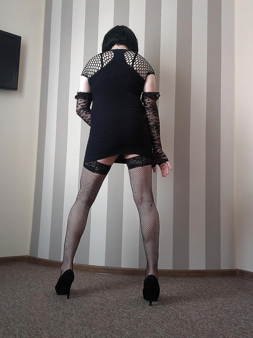 12P In a hotel room - black minidress, stockings and heels 
