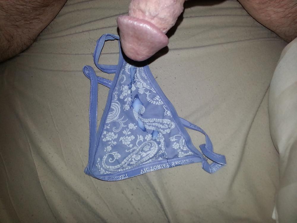 8P Cum on wife's pretty panties and bra