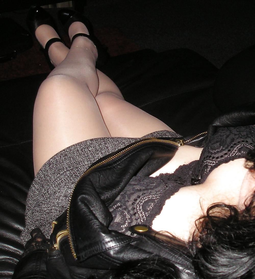 9P My girlfriends nude tights pantyhose lacey bra and heels.