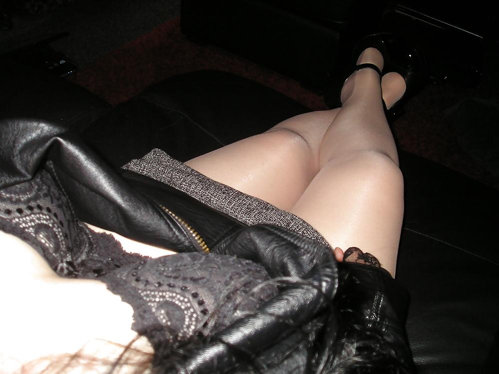 9P My girlfriends nude tights pantyhose lacey bra and heels.
