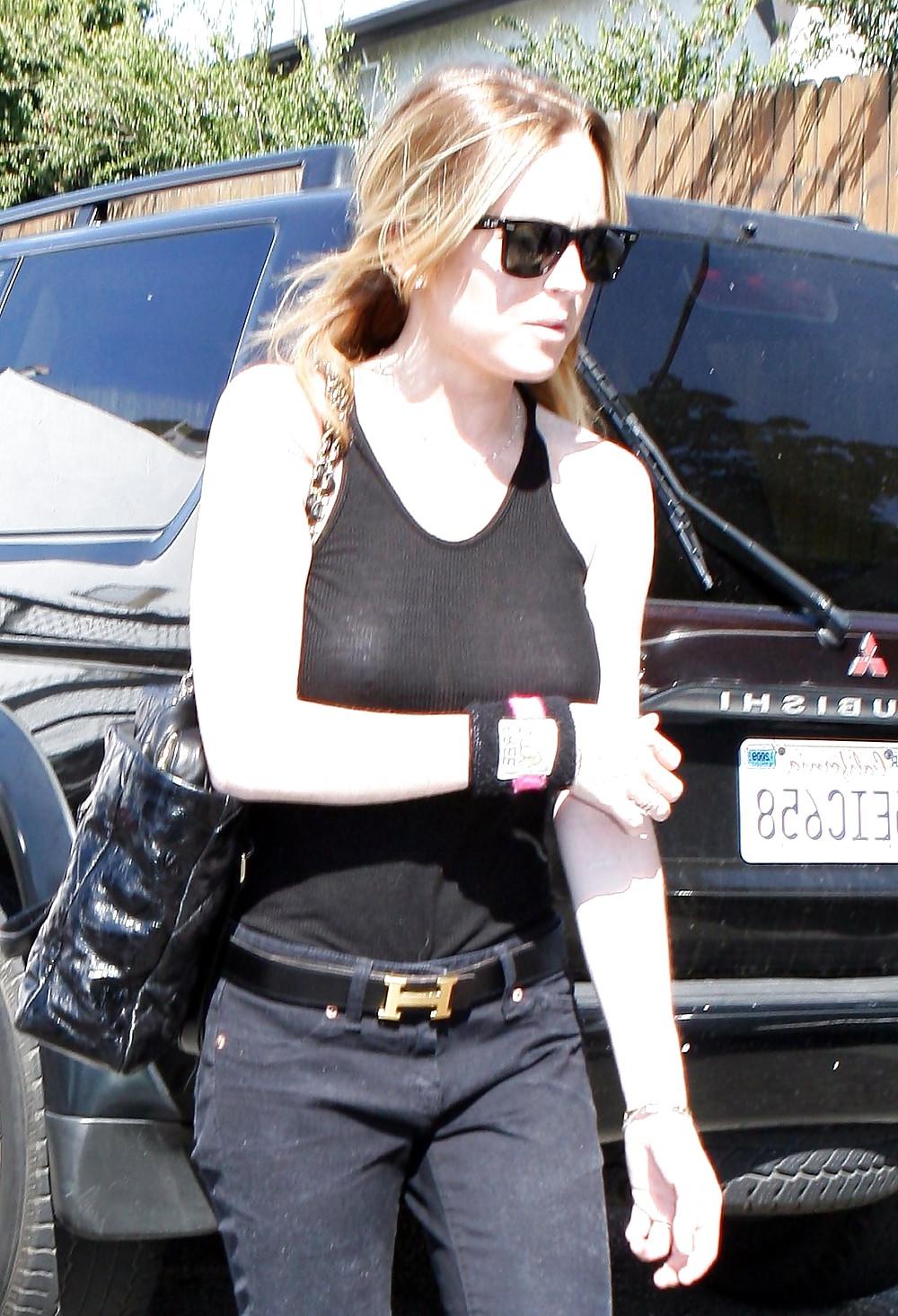 12P Lindsay Lohan Black see thru top with no bra