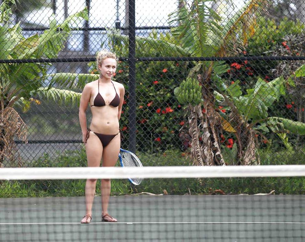 16P Hayden Panettiere playing tennis in a bikini 