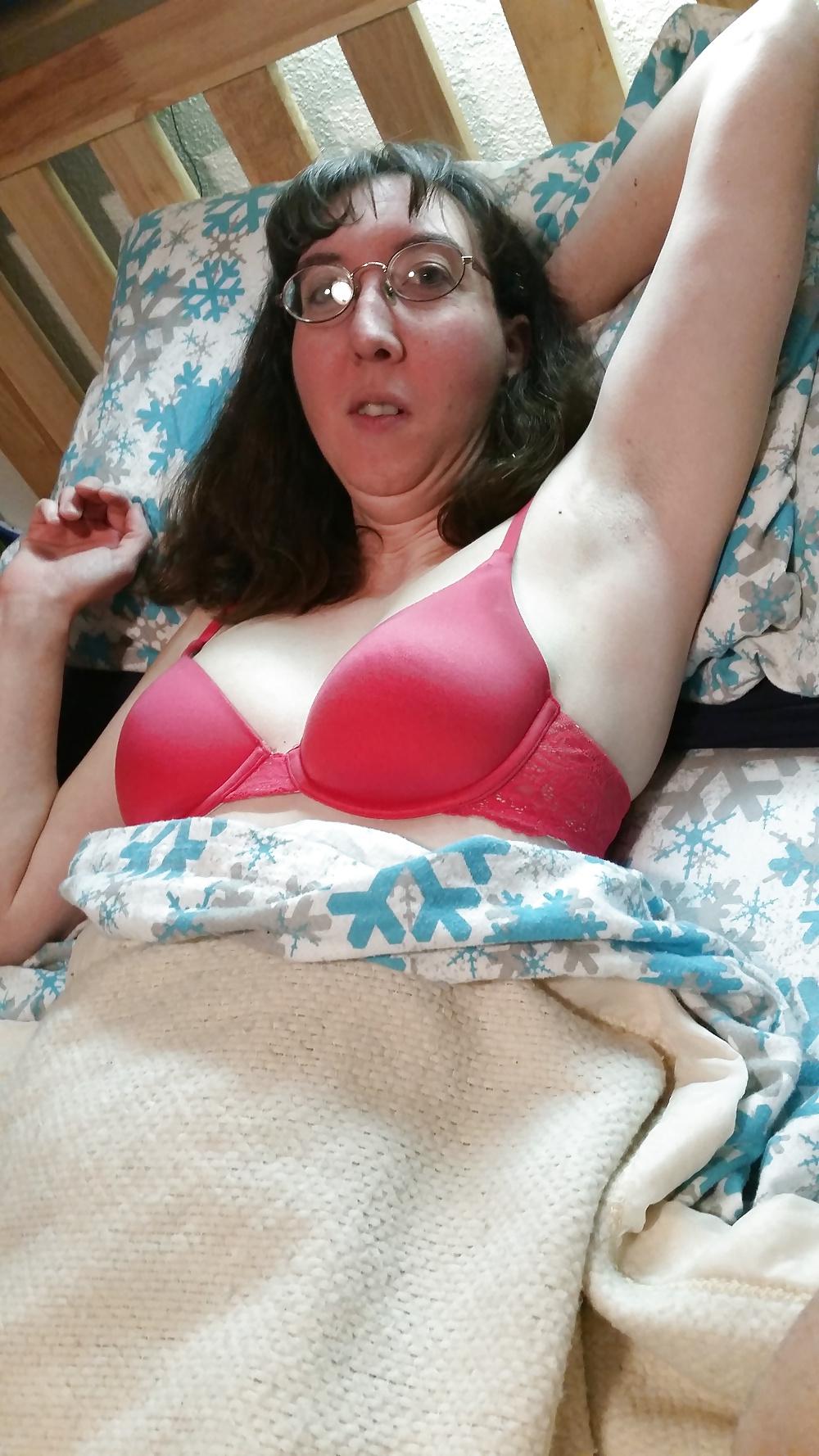 4P My wife in glasses and red bra. she's hot.