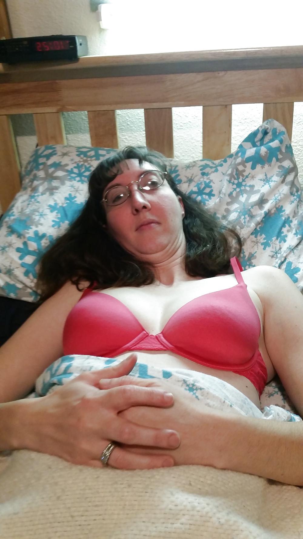 4P My wife in glasses and red bra. she's hot.