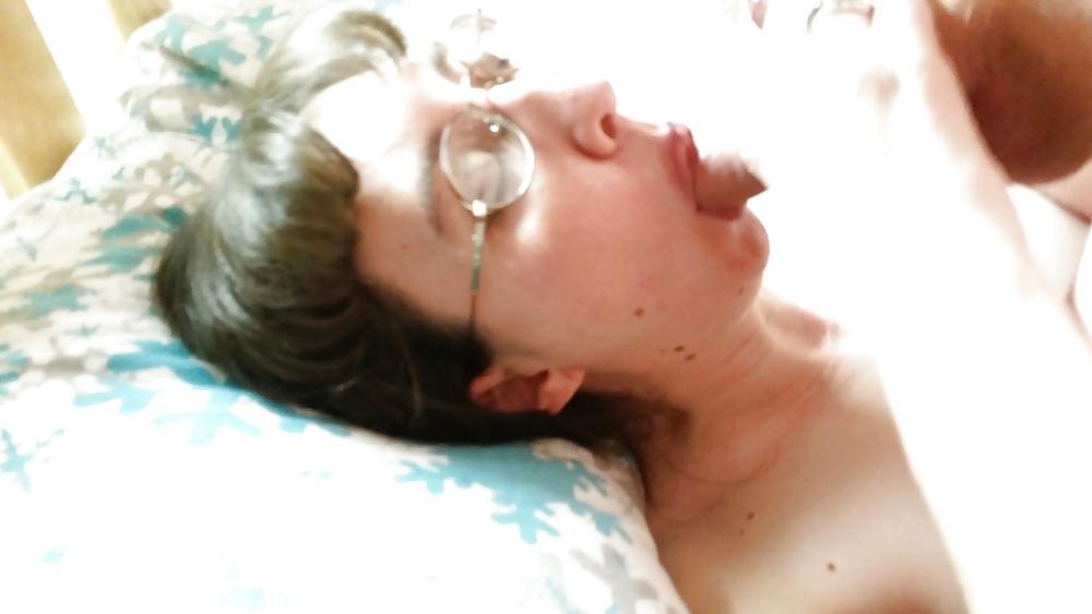 25P My hot wife sucking my cock and getting facial in glasses