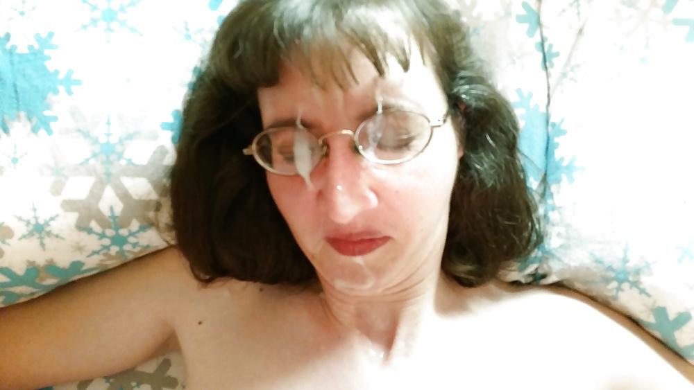25P My hot wife sucking my cock and getting facial in glasses