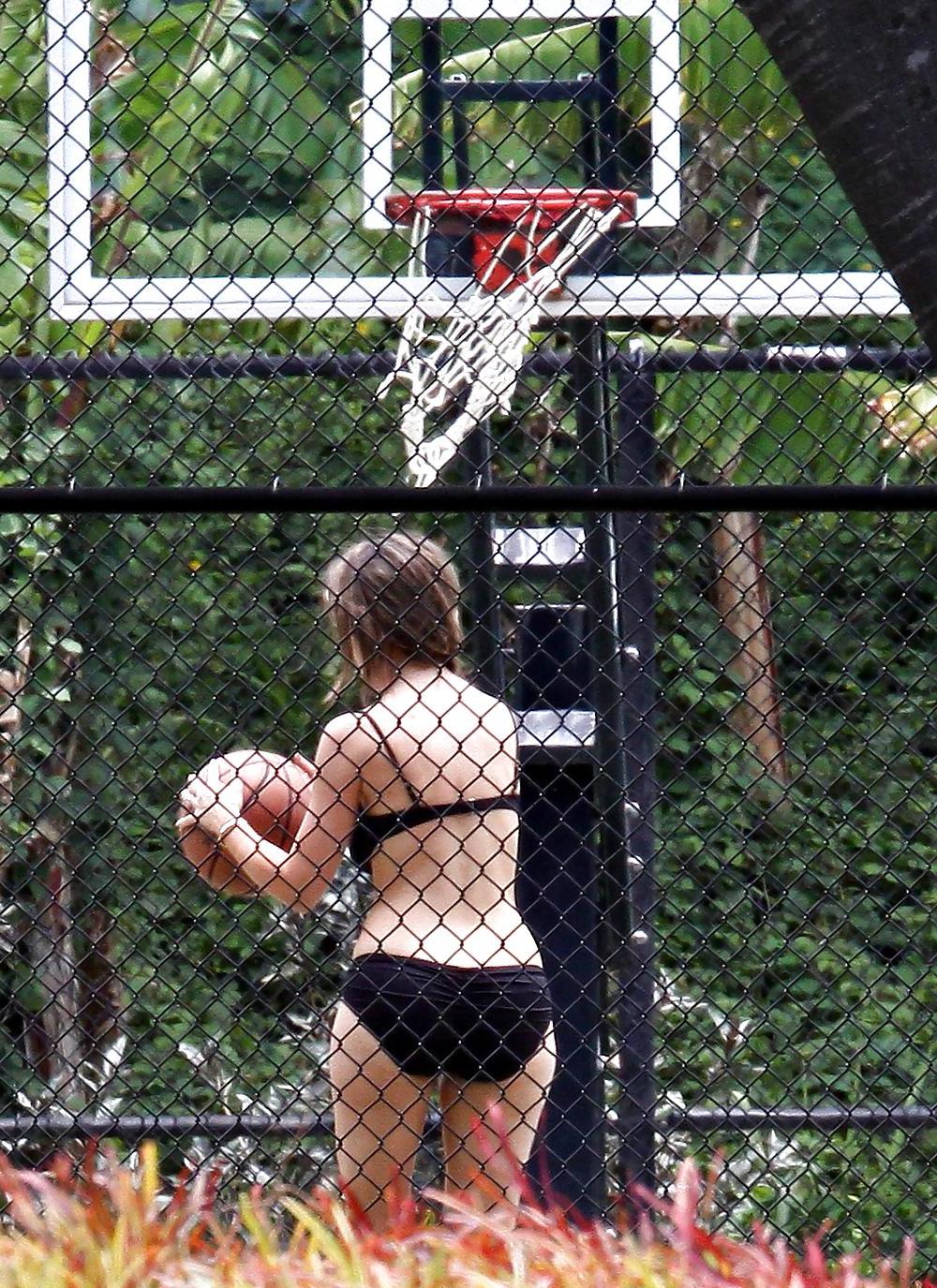 12P Jennifer Love Hewitt Playing Basketball in a Brown Bikini