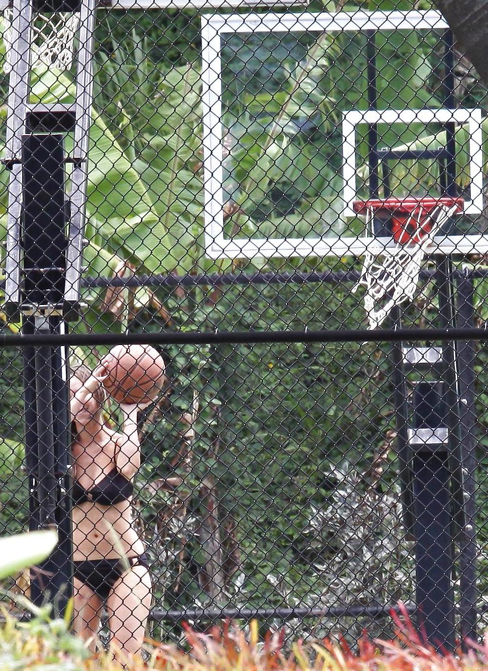 12P Jennifer Love Hewitt Playing Basketball in a Brown Bikini