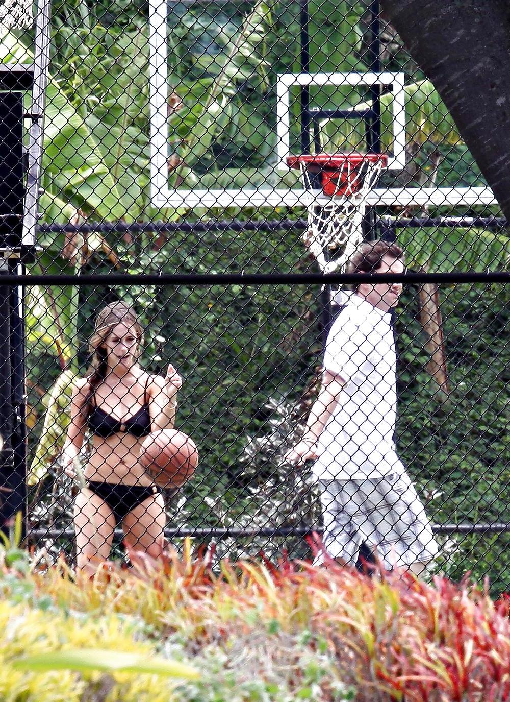 12P Jennifer Love Hewitt Playing Basketball in a Brown Bikini