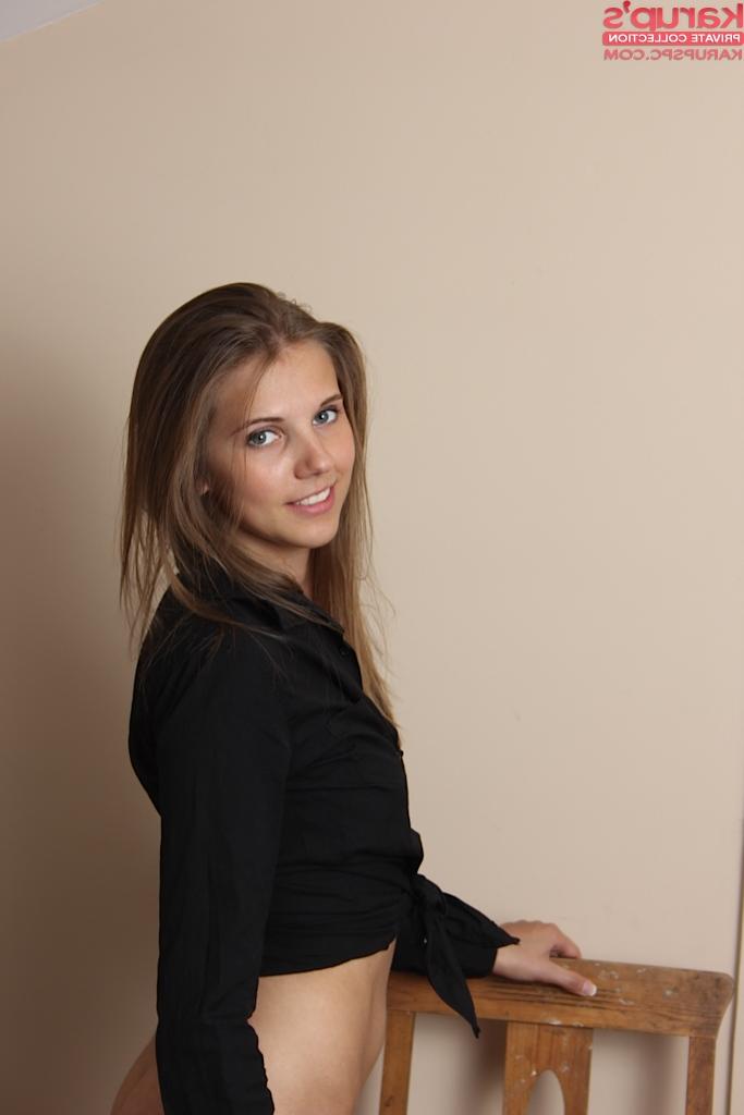 16P Teen with skinny shape Kira is sitting on the chair with spread legs