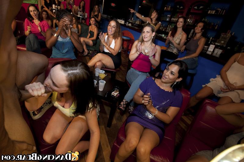 16P Lusty chicks sucking a stripper's cock and kissing one another at the party