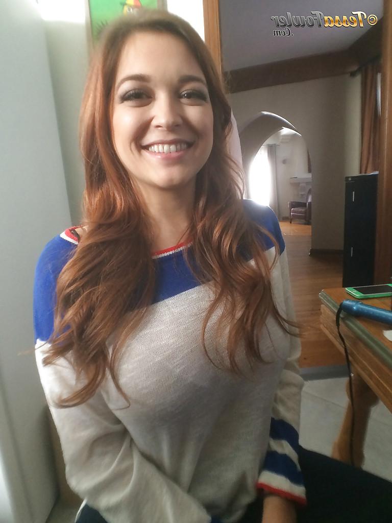 16P Buxom pornstar Tessa Fowler posing in pleated skirt while flashing big tits
