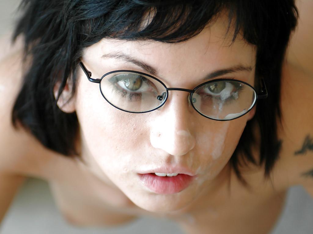 16P Cute coed in glasses Riley Evans gets her shaved pussy stretched