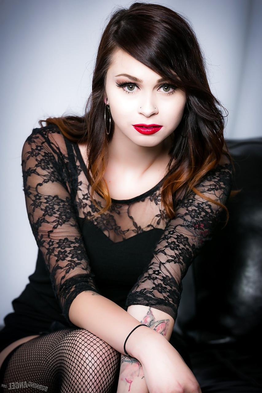 15P Pretty face brunette Vera Drake in stockings & sexy lingerie baring nice tits