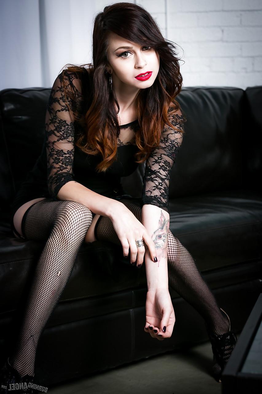 15P Pretty face brunette Vera Drake in stockings & sexy lingerie baring nice tits