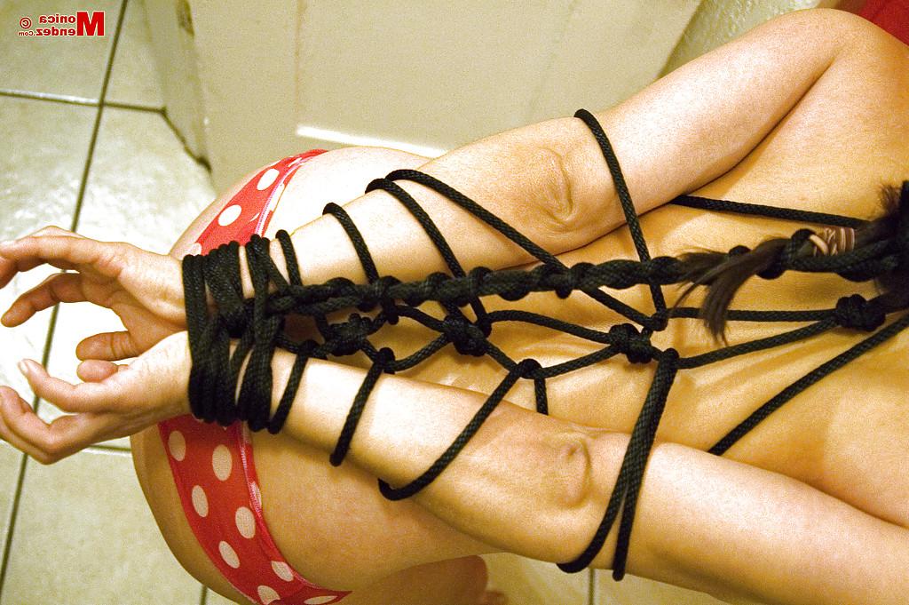 16P Busty Latina fetish model Monica Mendez is rope tied in bathroom