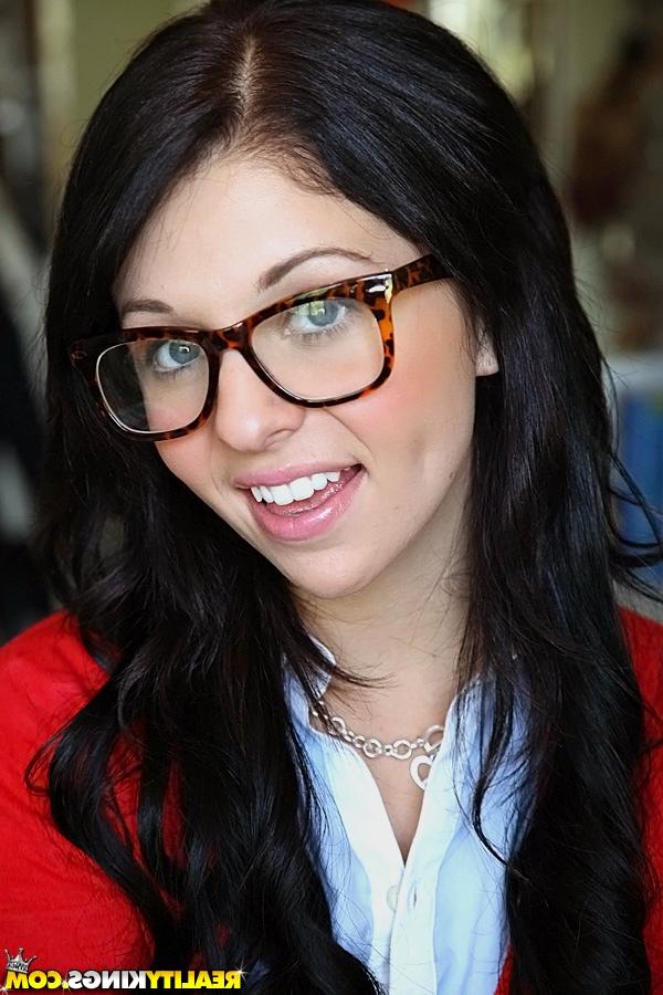 16P Glasses on round face of cute girl Madelyn Monroe stress her tiny tits