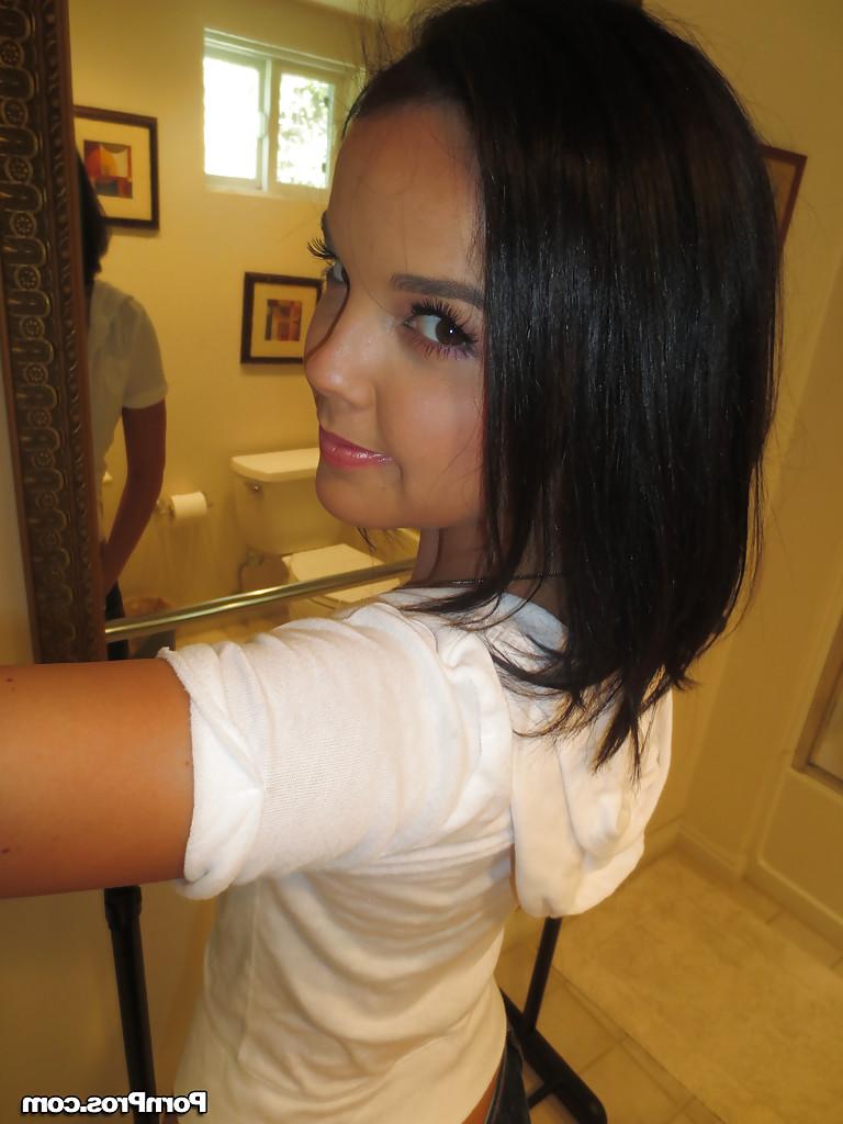 16P Brunette girlfriend Dillion Harper is doing self shots while undressing