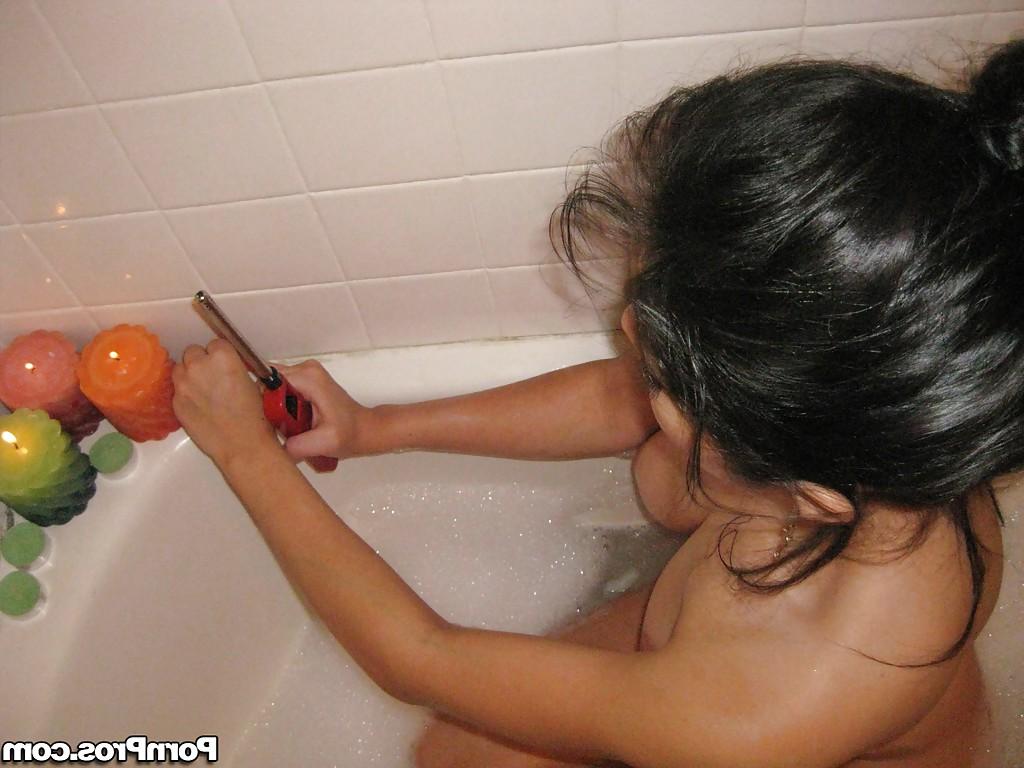 16P Busty Latina girlfriend Evie Delatosso enjoying glass of wine in bathtub
