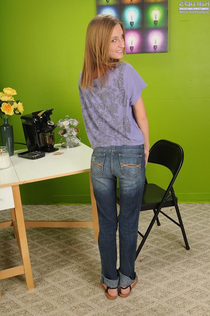 16P Teen cutie Maci Winslett strips off denim jeans to spread shaved pussy