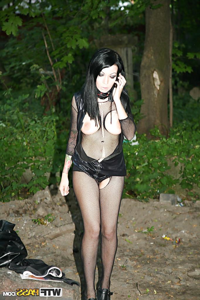 16P Sexy babe in black latex dress and pantyhose suit revealing her big tits