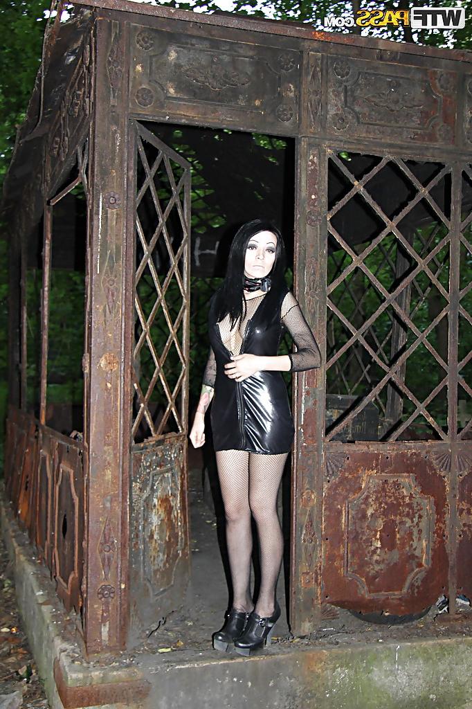 16P Sexy babe in black latex dress and pantyhose suit revealing her big tits
