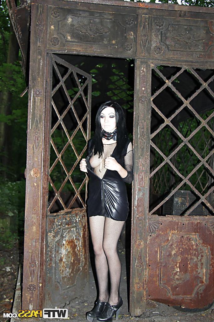 16P Sexy babe in black latex dress and pantyhose suit revealing her big tits