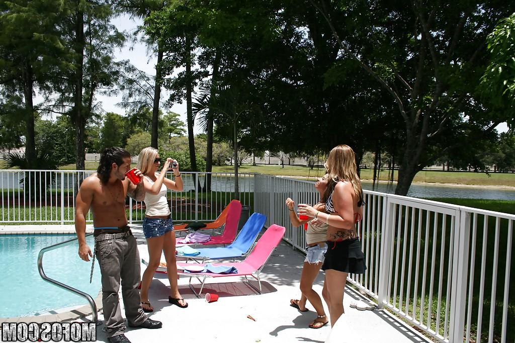 16P Frolic girls in bikini flashing their tits at the pool party