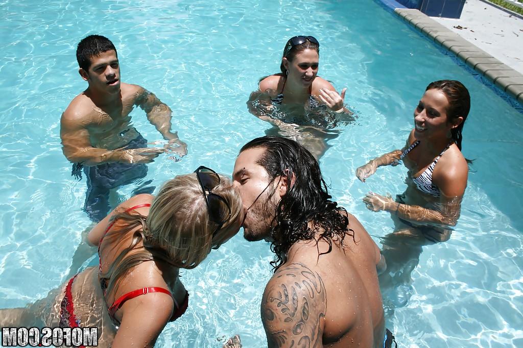 16P Frolic girls in bikini flashing their tits at the pool party