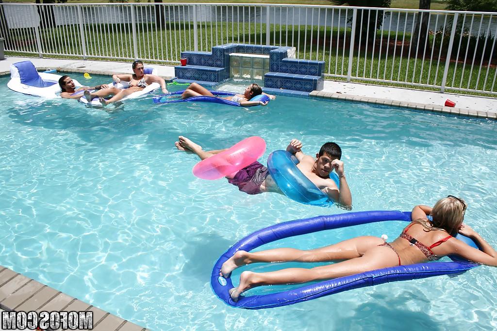 16P Frolic girls in bikini flashing their tits at the pool party