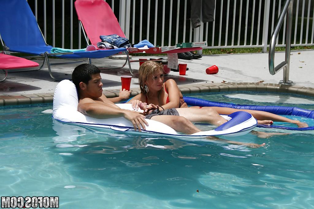 16P Frolic girls in bikini flashing their tits at the pool party