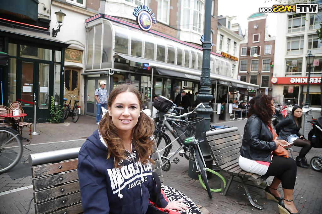 16P Brunette European slut with big tits Nadia Bells posing in public