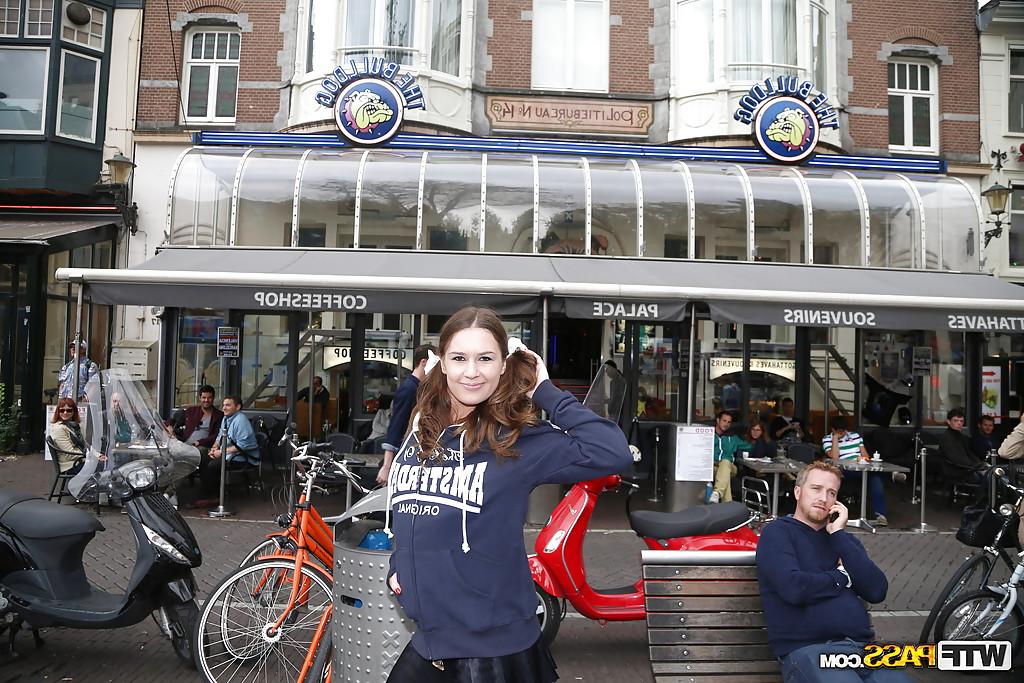 16P Brunette European slut with big tits Nadia Bells posing in public