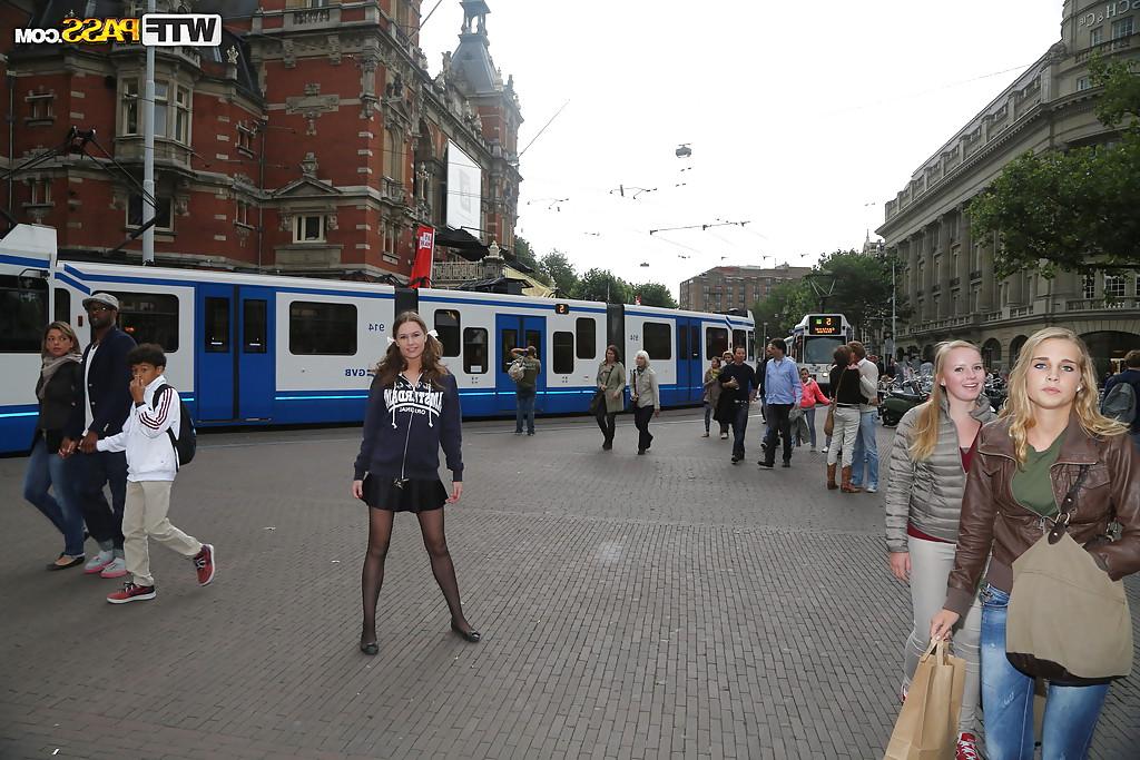 16P Brunette European slut with big tits Nadia Bells posing in public