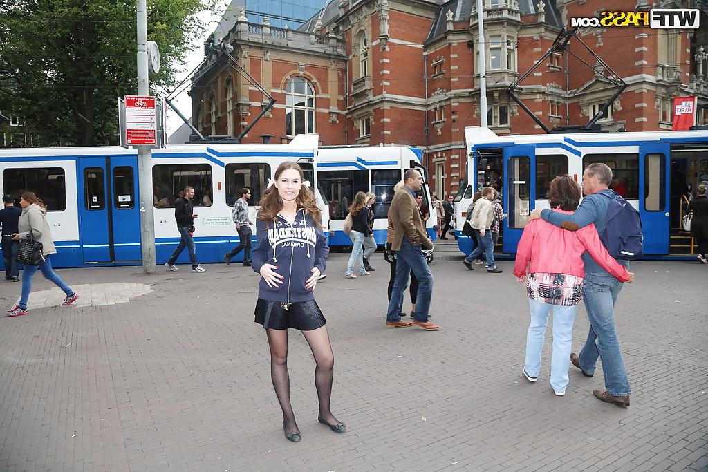16P Brunette European slut with big tits Nadia Bells posing in public