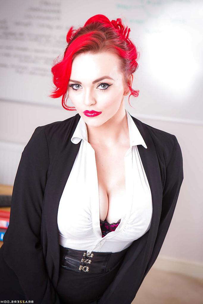 16P Buxom teacher Jasmine James exposes big tits while posing in black nylons