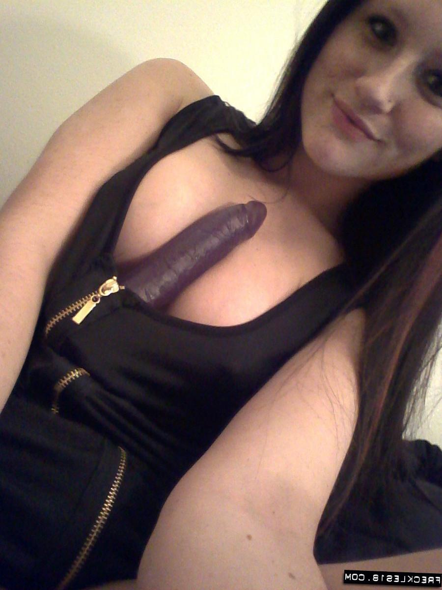 12P Self shot of hot teen amateur Freckles toying big tits with dildo
