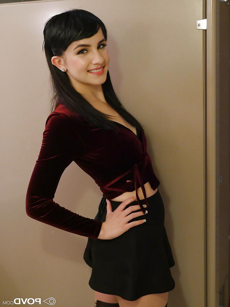 16P Tasty brunette Allora Ashlyn gets in restroom and sits on toilette bowl