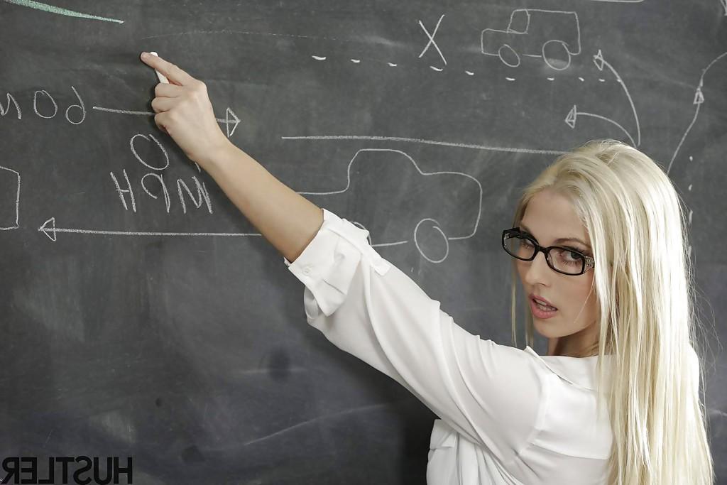 16P Sexy blonde teacher Christie Stevens stripping down to lingerie in class