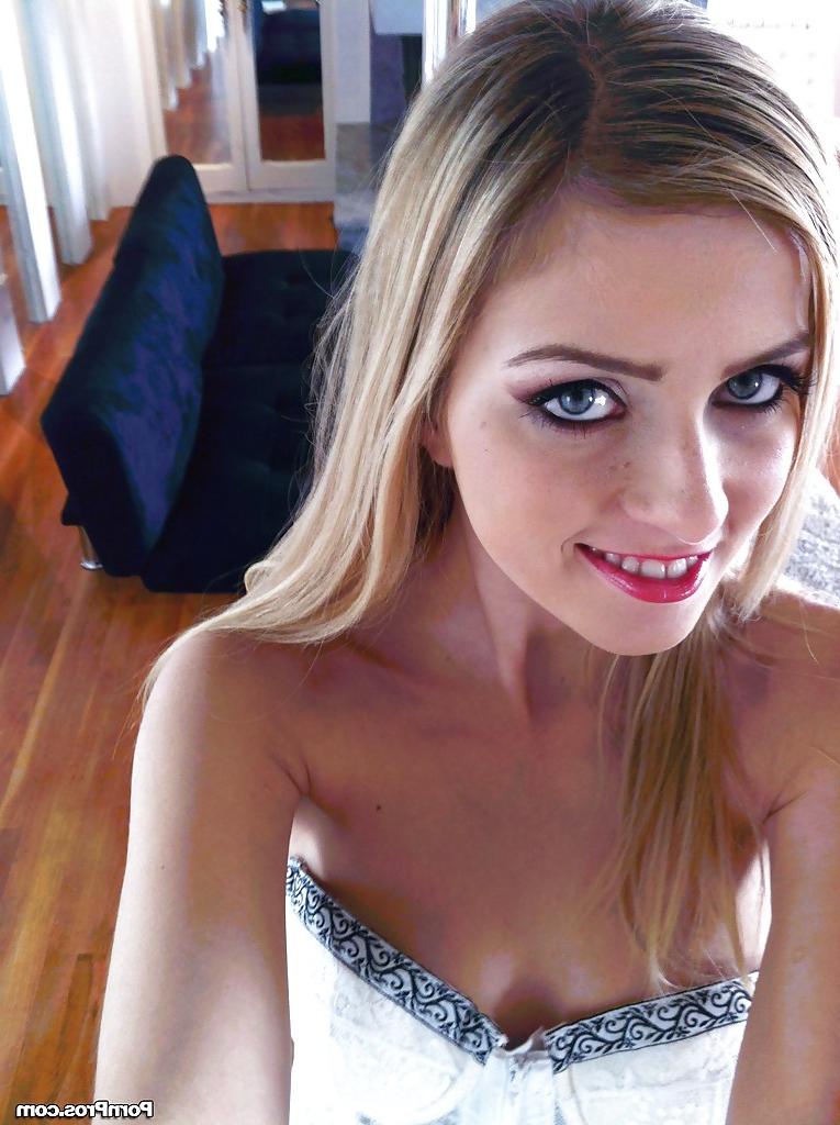 16P Pretty babe in stockings Abigaile Johnson slipping off her lingerie