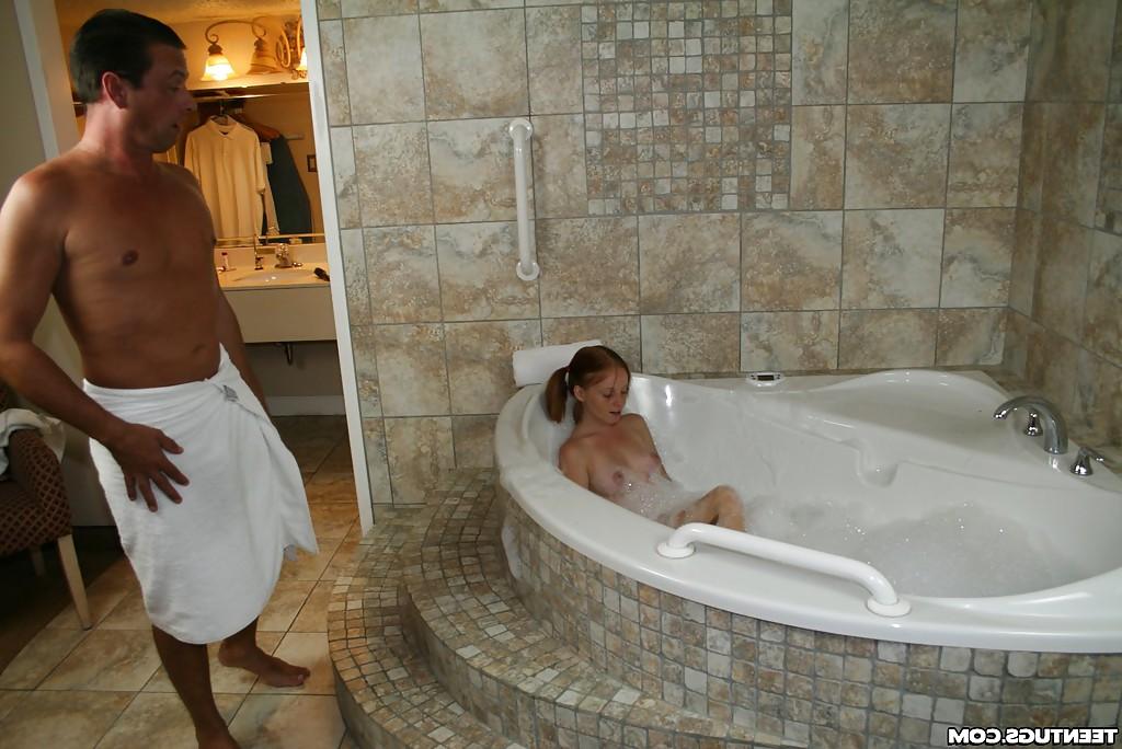 16P Slippy teenage slut jerking off a thick boner in a foamy bath