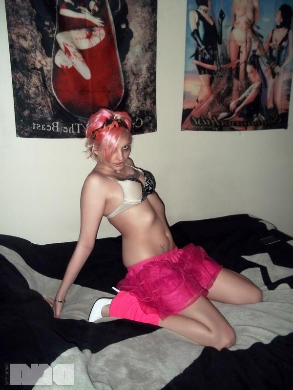 15P Alt girl Candy Ann strips for you in her pink skirt